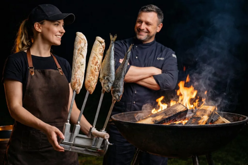 Stockbrot und Dorade am Feuerplattengrill