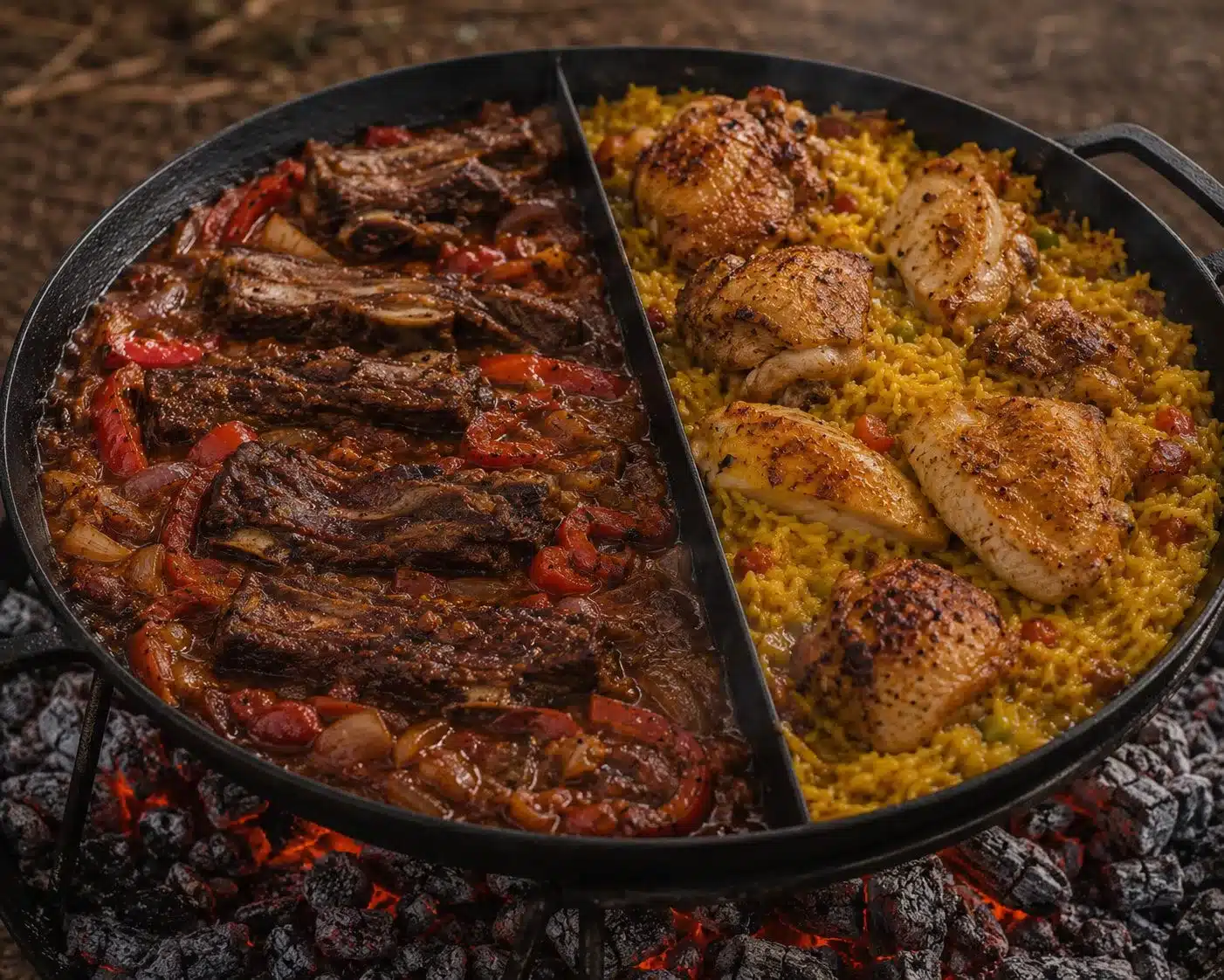 Asado Parrilla al disco wie in Argeninien mit unserer gteilten Gusspfanne. So können wir für Carnivore und Veganer zugleich tolle Gerichte auf der Holzkohle zaubern