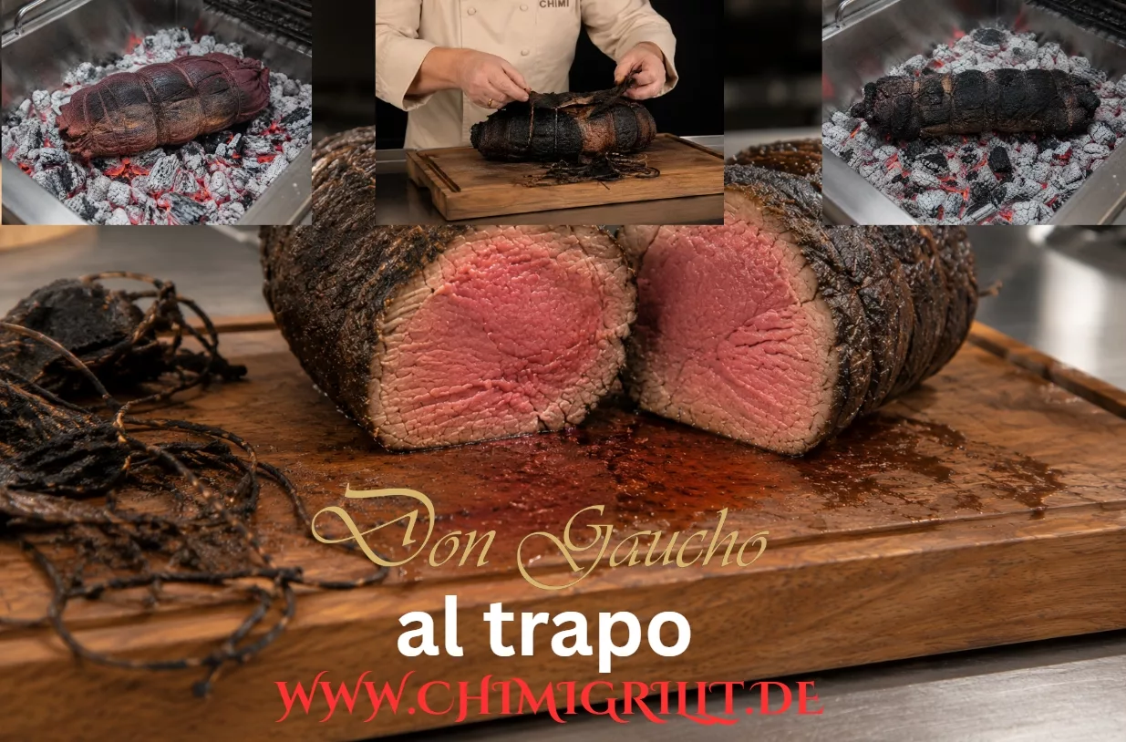 Solomillo al trapo. Rinderfilet in einem in Rotwein und Gewürzen extrem grobem Meersalz direkt in der Glut gegart