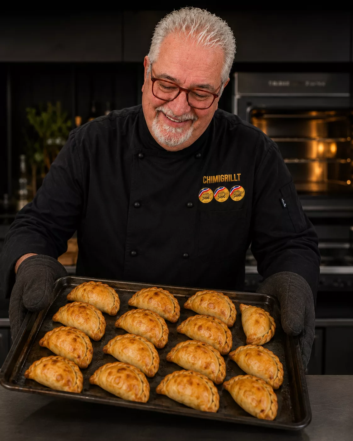 Chimi holt im Fiesta Argentina Catering ein Backblech mit gerade zubereiteten Empanadas aus dem Ofen. Die sind nicht aufgewärmt, sondern frisch zubereitet