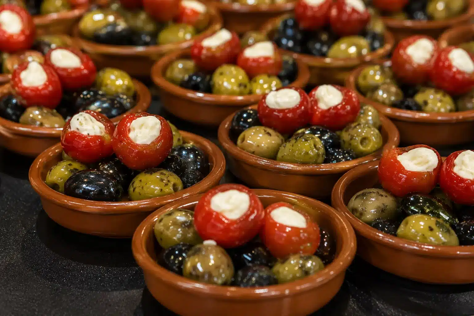 marinierte oliven und kirschpaprikas als kleine häppchen catering