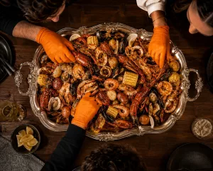 Unsere Meeresfrüchte Platte aus dem Ovenboil. Vielfältig nach Absprache ab 60-250 Euro pro Gast bestückbar. Natürlich auch als Grillfleisch und veggie.