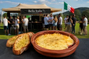 Provolone aus dem Ofen in Tonschale, dazu servieren wir gerne Knoblauchbaguette vom Grill