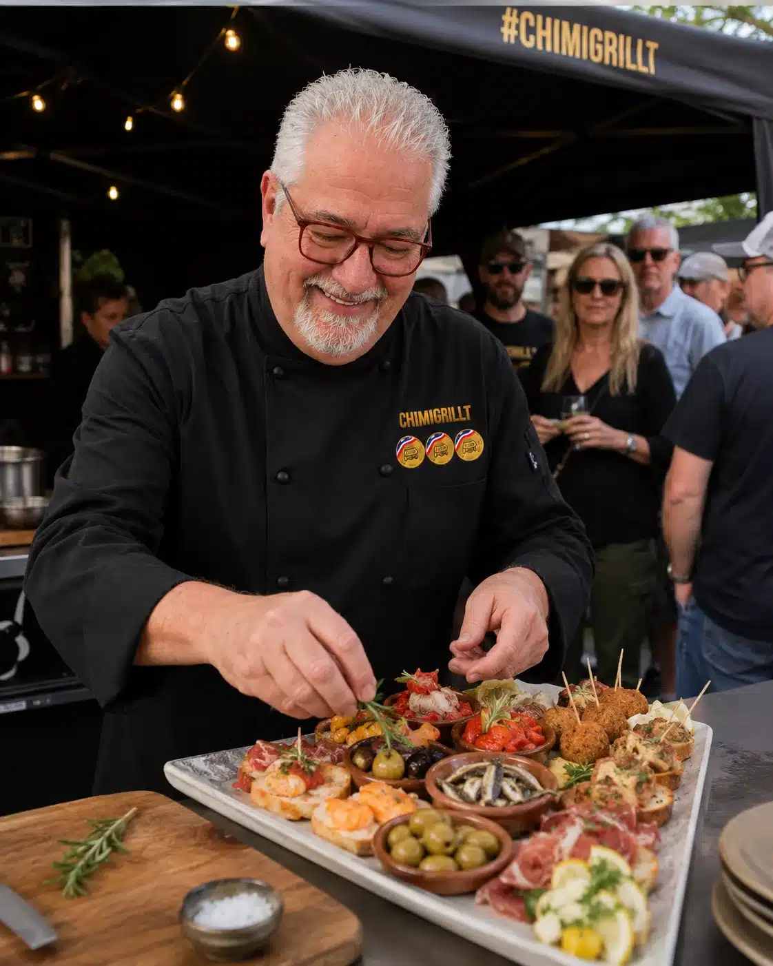 Hier sehen wir wie Chimi eine Servierplatte mit tollen Tapas für die Gäste belegt. Tapas Catering Köln