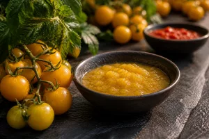 Selbstgemachte Kirschtomatensauche mit Cherrytomaten aus Sizilien.