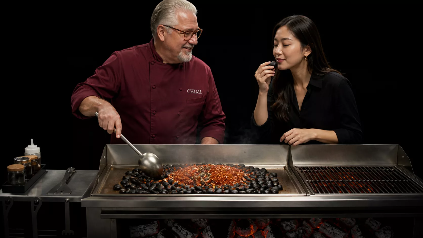 Suodiu 嗦丢 Zubereitung von Suodiu Kieselsteinen mit Gewürzen auf einer Griddleplatte durch Chimi Grillt. Ein Trendgericht aus Asien, neu interpretiert auf dem Grill.