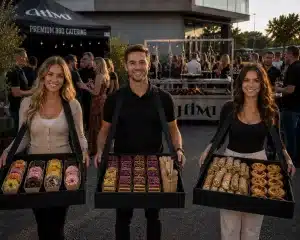 3 servicekräfte mit ihren Bauchläden im walk around dienst mit tollen desserts