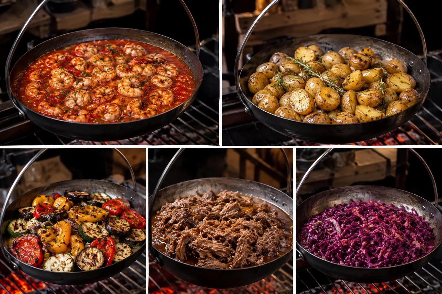 Chimi´s neue Hängepfanne am Grill, bestückt nach Absprache mit vegetarischen oder anderen Speisen.