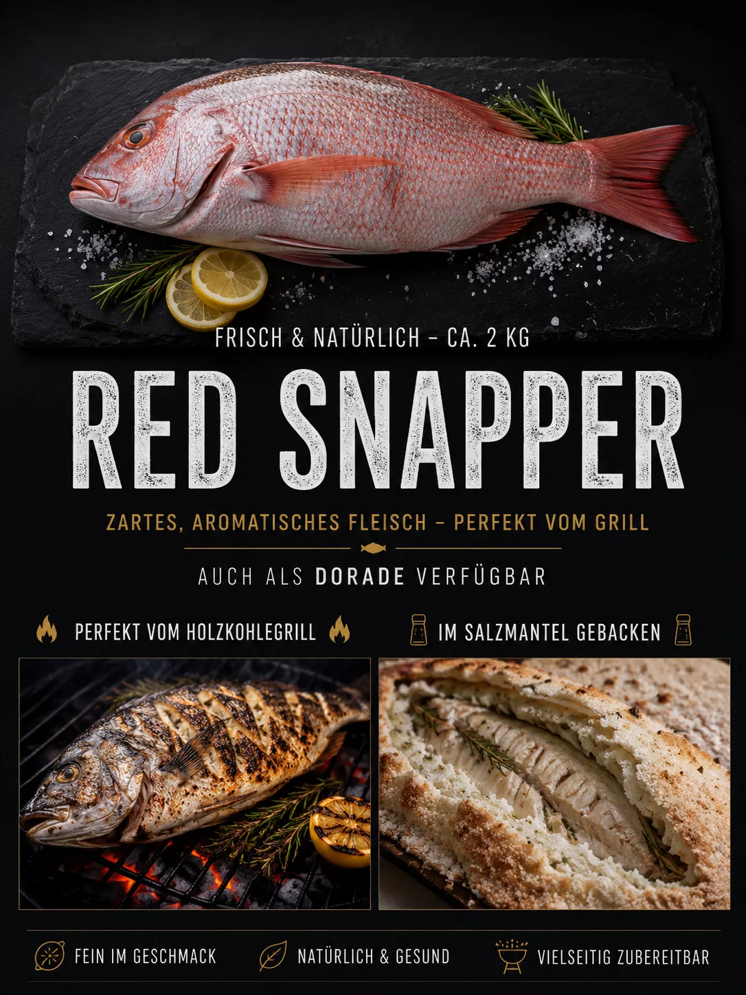 Red Snapper vom Grill oder im Salzmantel zubereitet. Dazu unsere Bitterorange oder Limetten Butter Marinade