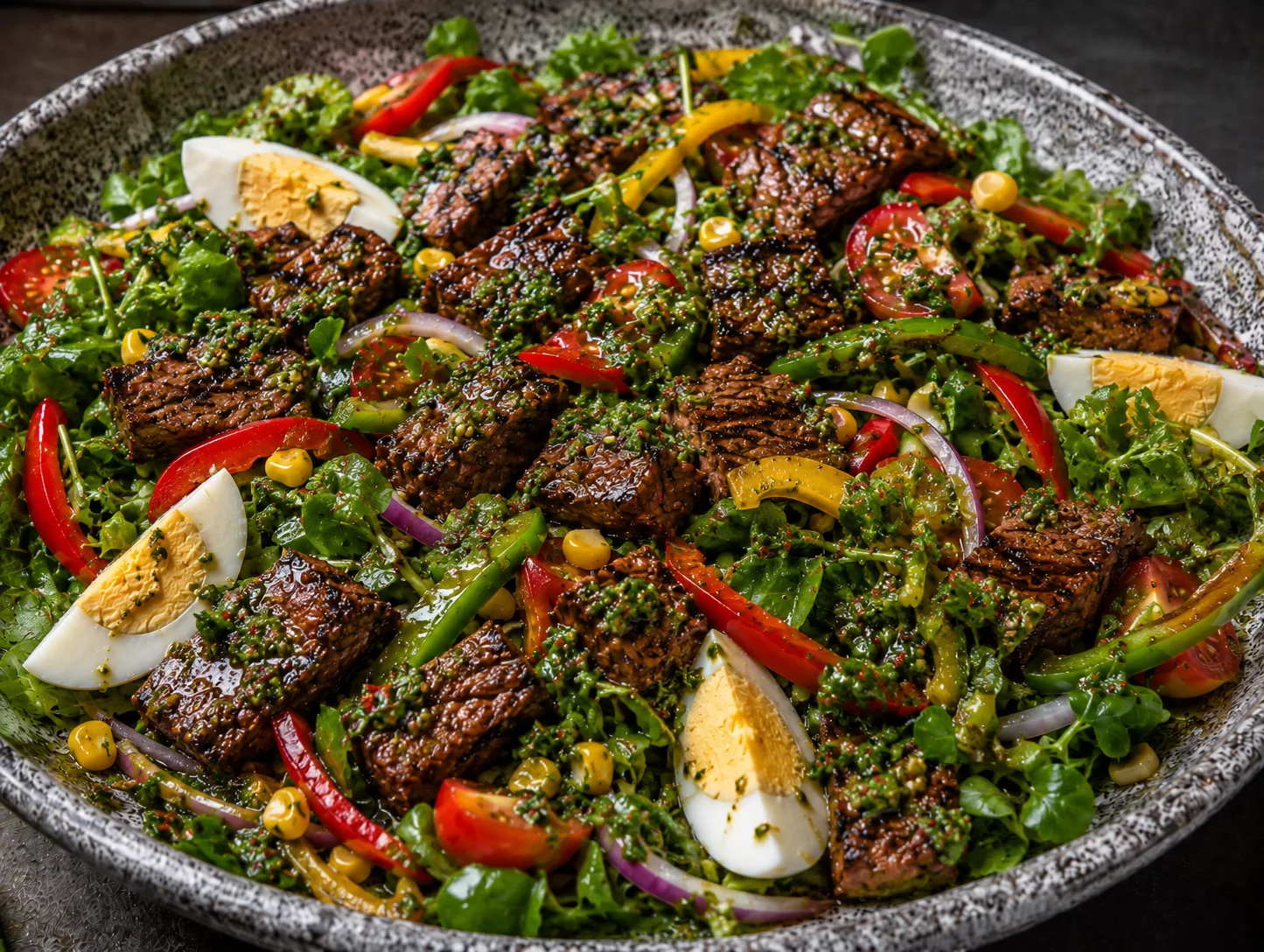 Wildkräutersalat mit Rindfleisch oder Hühnchen vom Grill