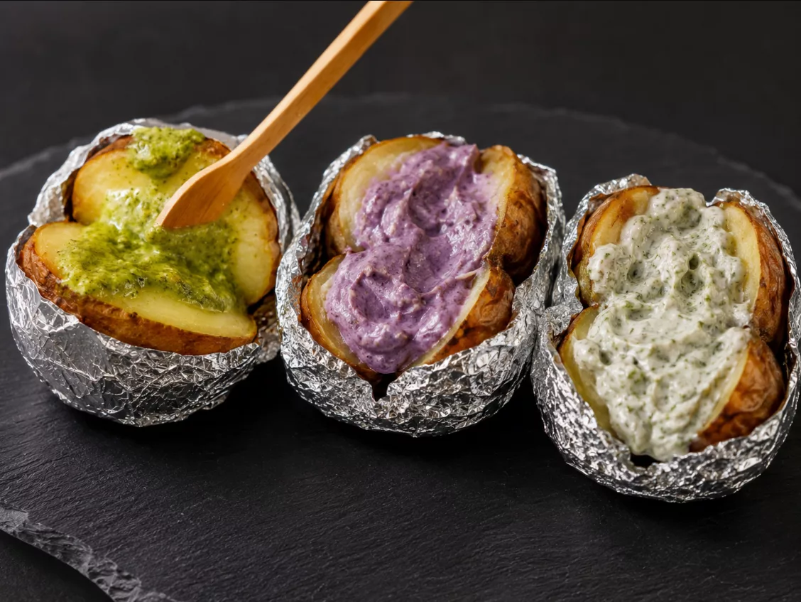 Unsere Folienkartoffeln Rosmarin, UBE und Kräuterdip