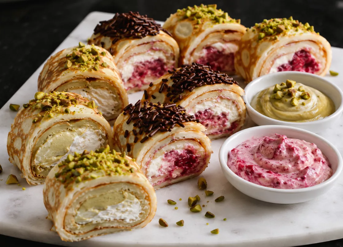 süsse sushi variation - pfannekuchen mit pistazien ricottacreme, himbeer vanille uvam