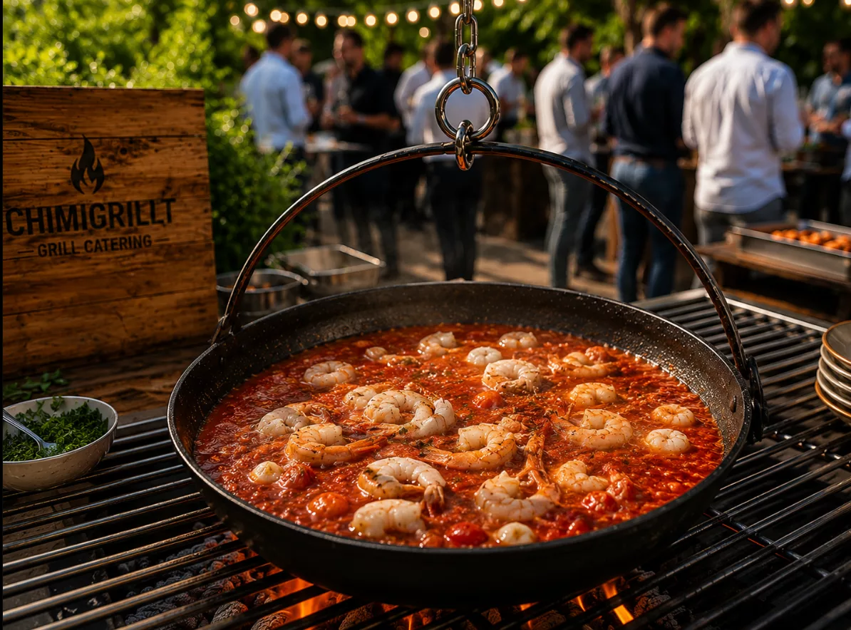 Riesengarnelen in Kirschtomatensauce aus der Grillpfanne