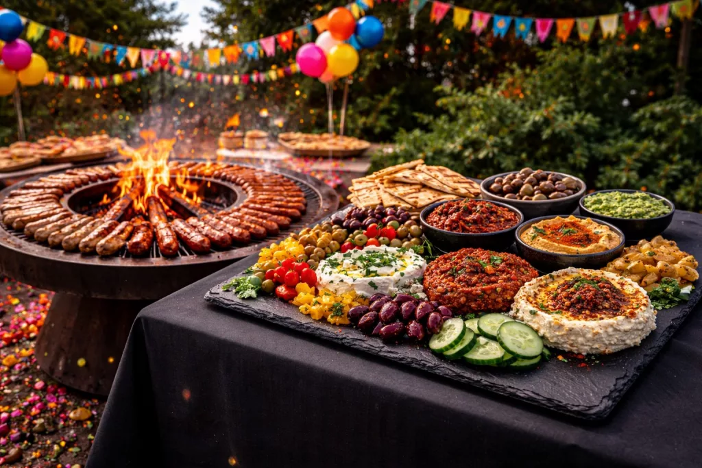 Grillparty mit Feuer und tollen Beilagen