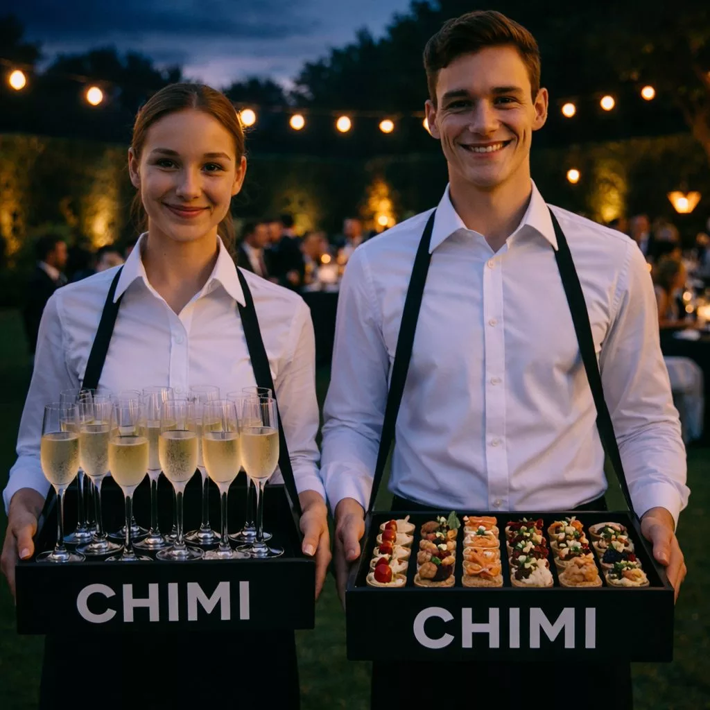 servicekräfte mit champagner und fingerfood aus unseren bauchläden