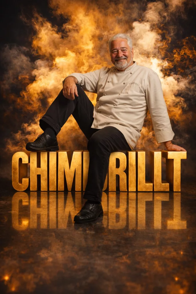 grillmeister sitzt auf Logo Kohlen