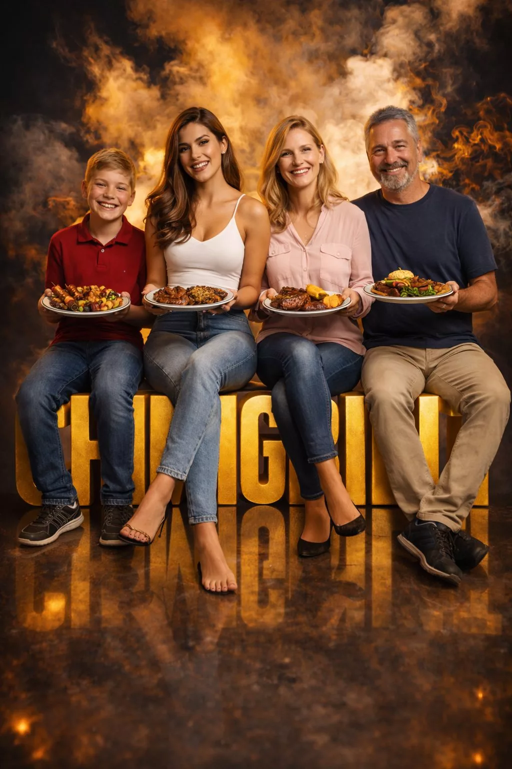 Familie mit Grilltellern