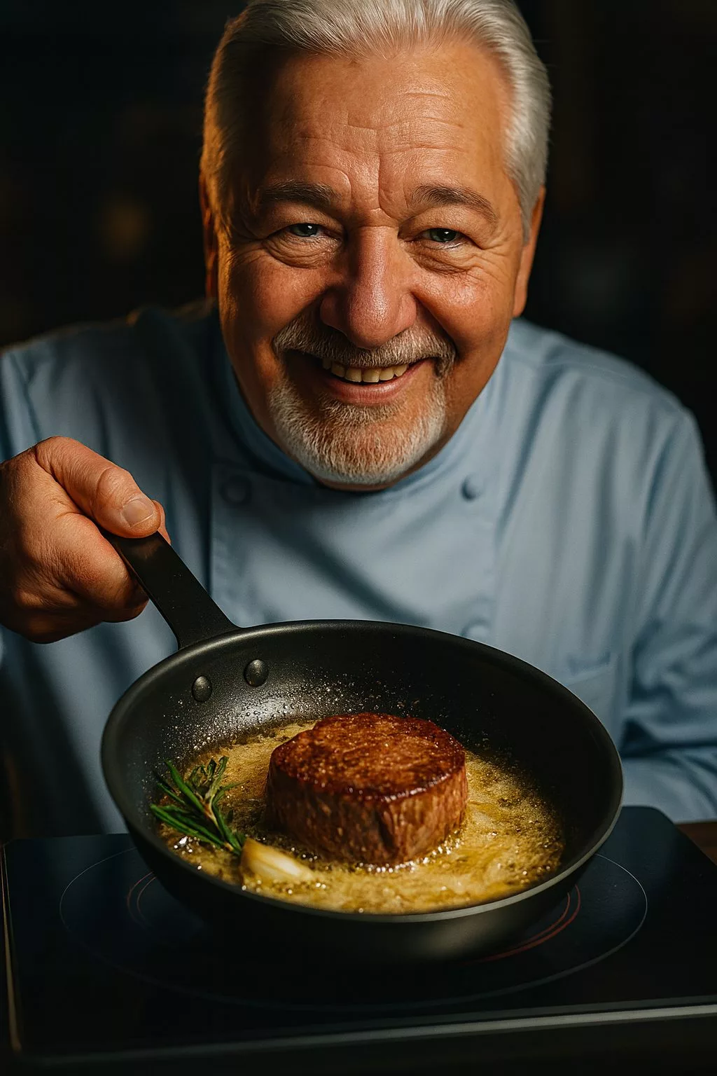 wir sehen ein filet mignon in einer pfanne worin chimi das fleisch zubereitet und mit butter und knoblauch sautiert wird