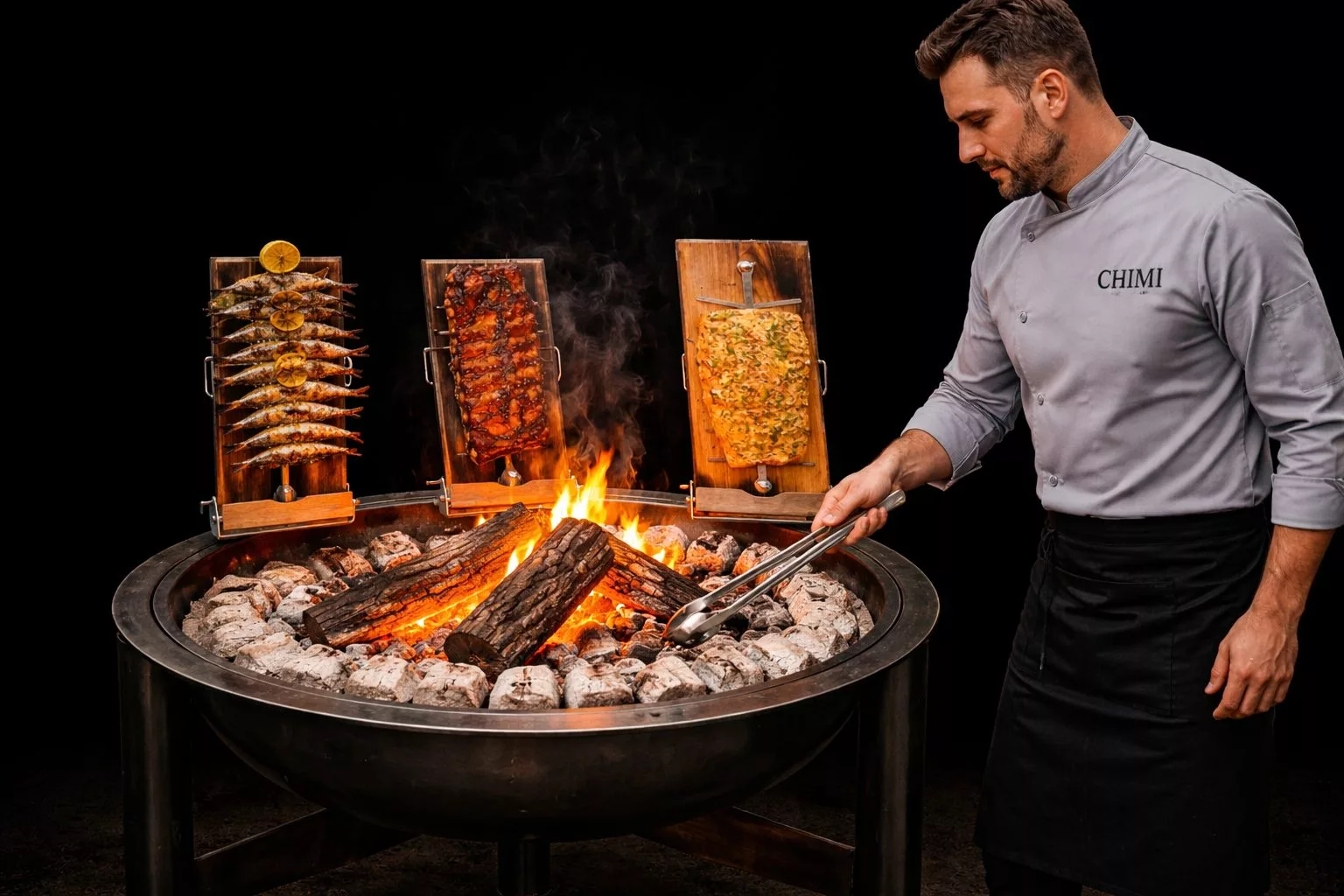 feuerschale mit aufsatz flammlachs, steckerlfisch und spare ribs, dazu folienkartoffeln aus der glut