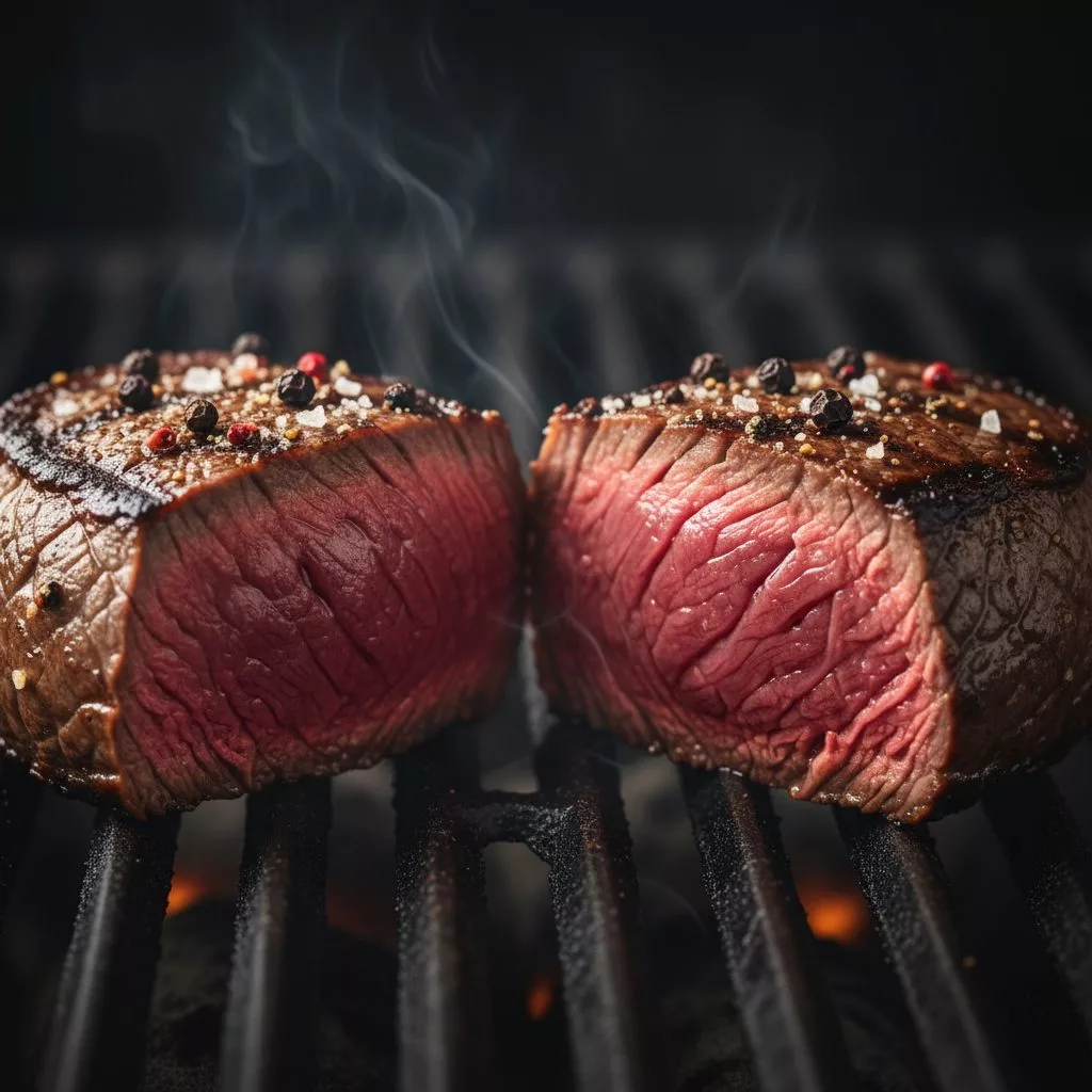 Medium rare rinderfilet vom grill mit buntem pfeffer zu sehen, leichter rauch vom grill über dem fleisch
