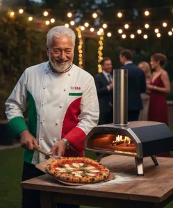 wir sehen den pizzabäcker mit einem kleinen steinofen und einer pizza napolitana lecker und frisch zubereitet