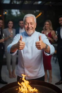 chimi steht am feuer