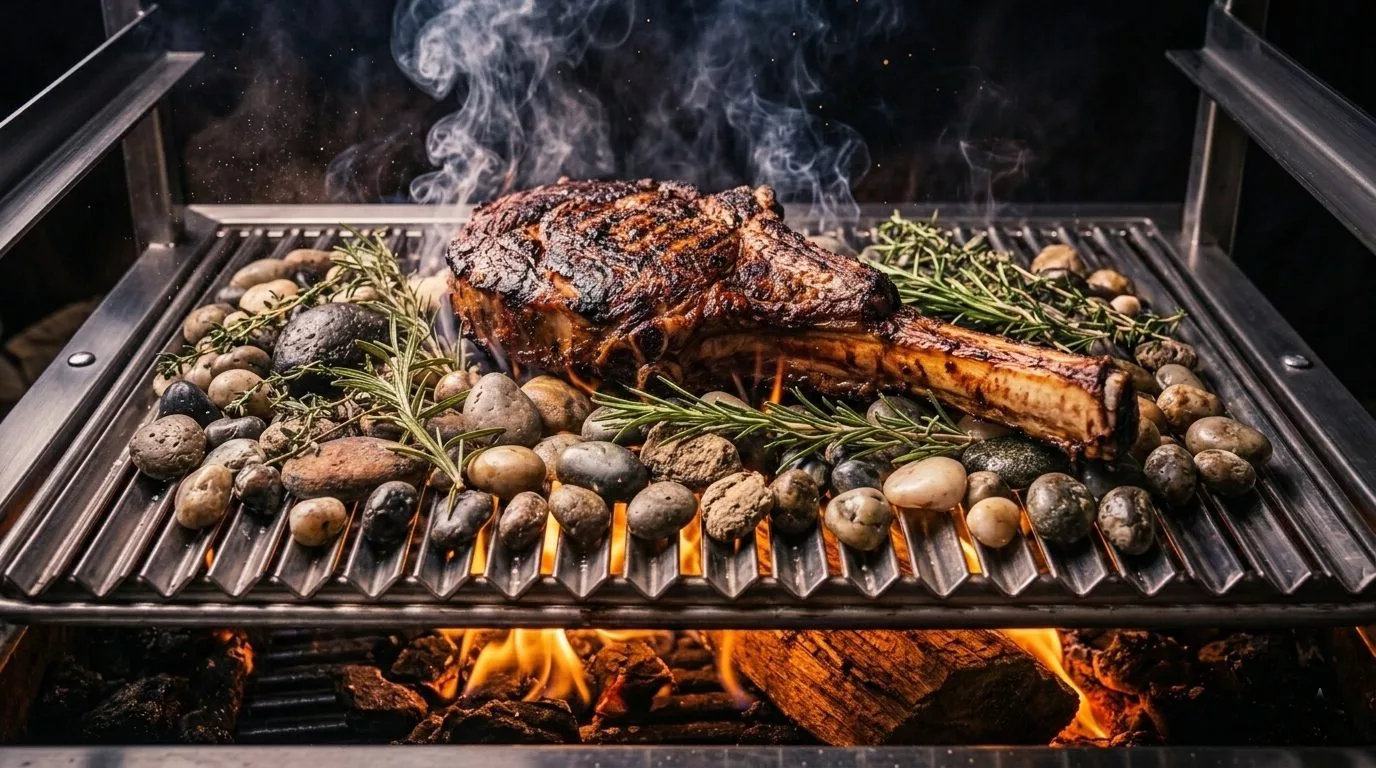 Ribeye Bone, Cowboy Steak auf Grillsteinen zubereitet