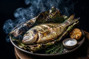 Dorade im Bananenblatt gegrillt
