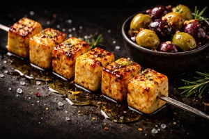 Halloumi vom Grill mit marinierten Oliven