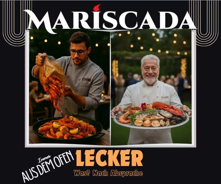 wir sehen meeresfrüchte aus dem ofen aus einem bratbeutel in einer servierplatte viele frische und hochwertige komponenten für ein tolles grillcatering