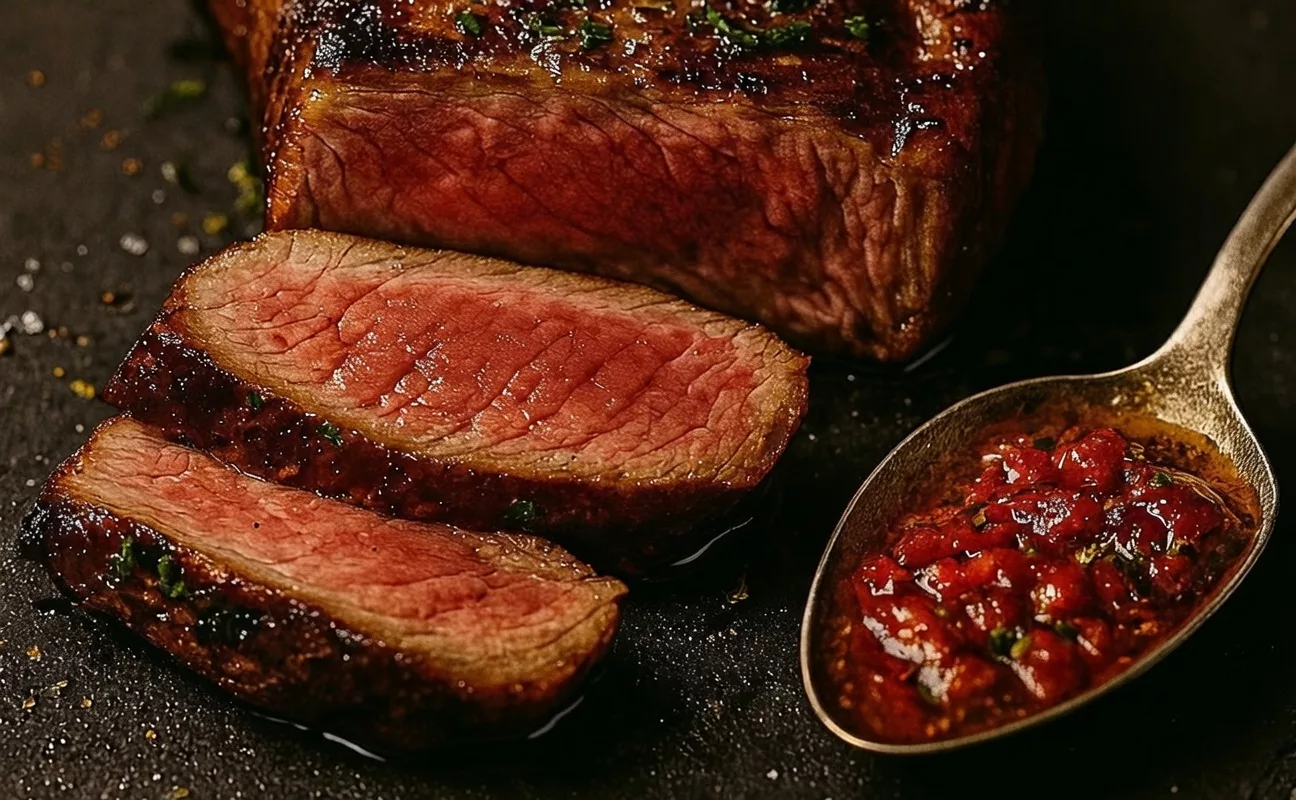 Saftiges steak vom grill mit roter chimichurri sauce