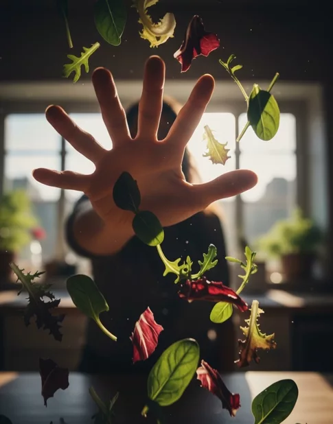 wir sehen wie eine hand frischen wildkräutersalat mit effekt ins bild wirft